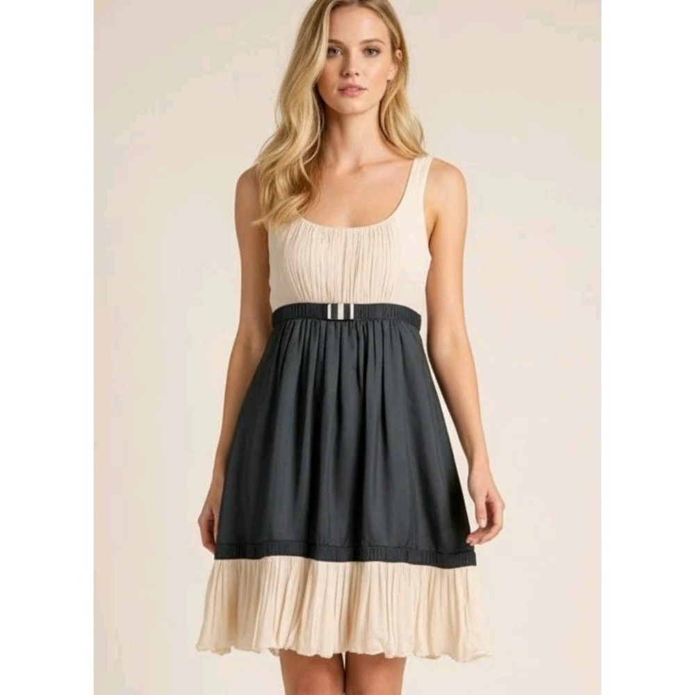 Yoana Baraschi Silk/Viscose Pleated Black & Cream Mini‎ Dress | Size 6